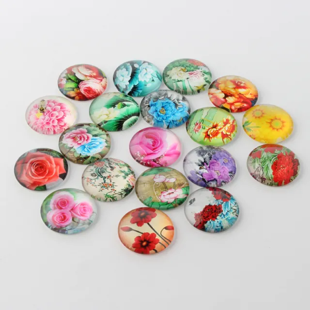 20 pcs Flower Printed Glass Cabochons Flat Back Round Dome Mixed Style 10mm