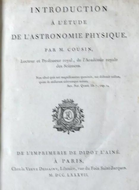 GRAVURES. INTRODUCTION  à L'ETUDE DE L'ASTRONOMIE PHYSIQUE. 1787. E.O.