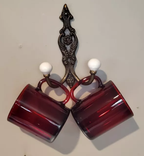 2 Ruby Red 8oz Coffee/Tea Cup Made In France w/ Vtg. Ornate Double Brass Hook