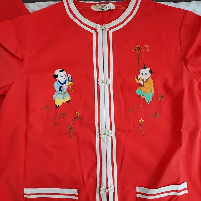 Vintage Asian Plum Blossoms Chinese Embroidered Childs Red Outfit Kimono & Pants