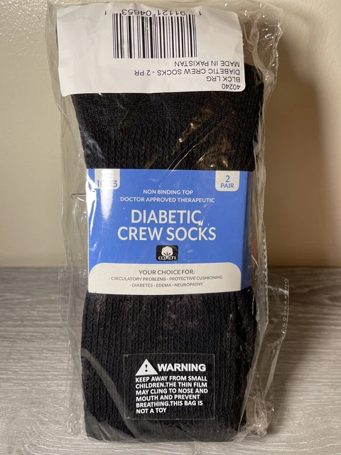 Collections Men's Size Large Black Loose Diabetic Relief Crew Socks -2 Pairs New