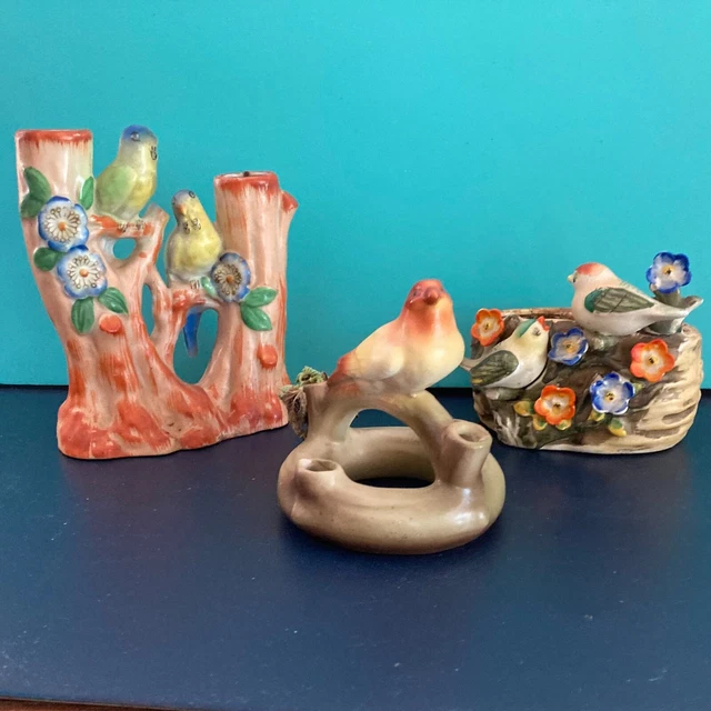 MCM Occupied JAPAN 1945- 52 Ceramic 3 VASE PLANTER yellow green BIRDS Flowers
