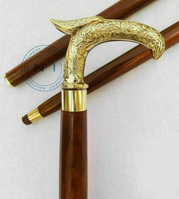 Antique Wooden Walking Stick Vintage Cane Handmade Designer Brass Head Handle