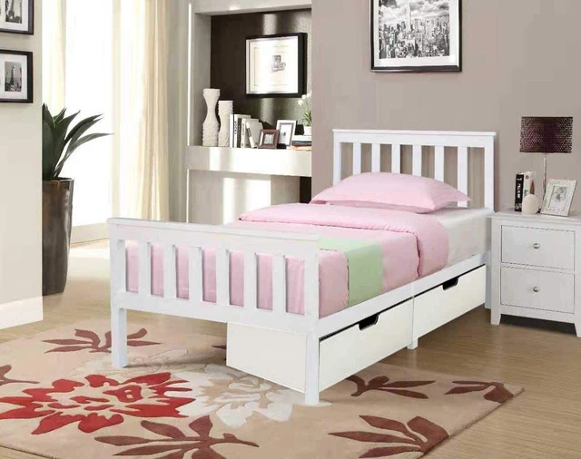 3FT SINGLE PINE Wood Bed Frame Solid Wooden White Bed For Optional ...