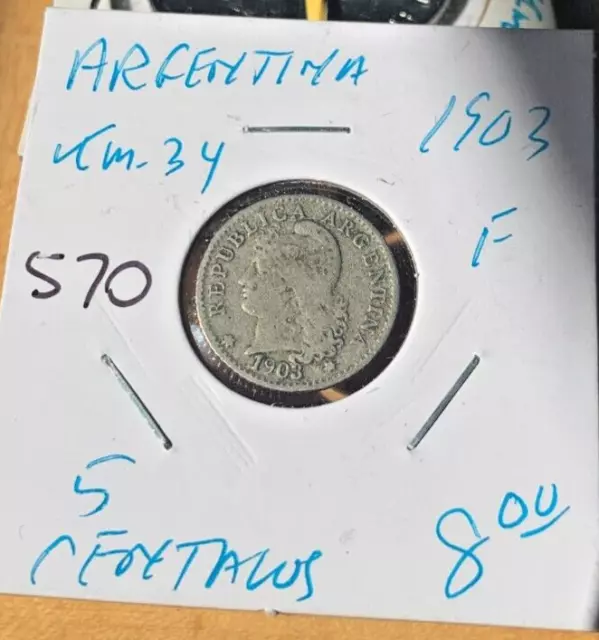 1903 Argentina 5 centavos, Fine details, KM #34.  Coin #570