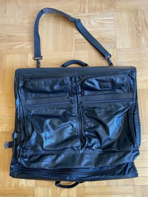 Vintage Tumi Black Leather Bifold Garment Bag, Carry On - Very Good Condition
