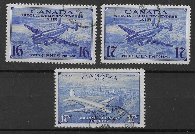 CANADA 1942-46. 16c, 17c x 2 FINE USED EXPRESS AIR STAMPS SG. S13,S14,S17.(7776)