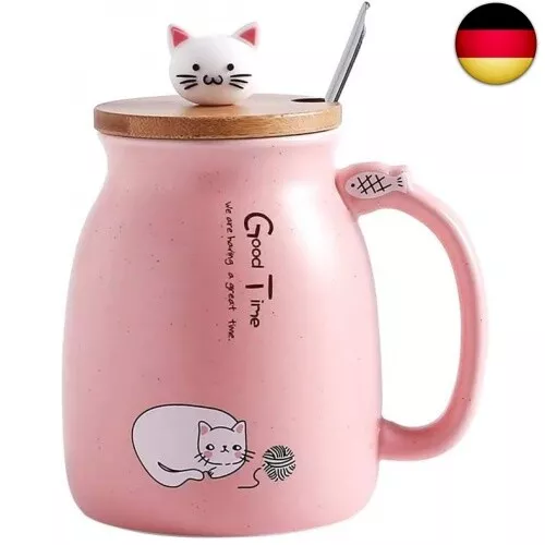 Katzen-Tasse Süße Keramik Kaffeetasse mit Deckel,Edelstahl Löffel, Neuheit Mo