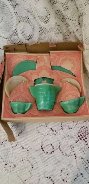Vintage Akro Agate Concentric Rib Boxed Child's Toy Tea Set Playtime 8 Piece Set