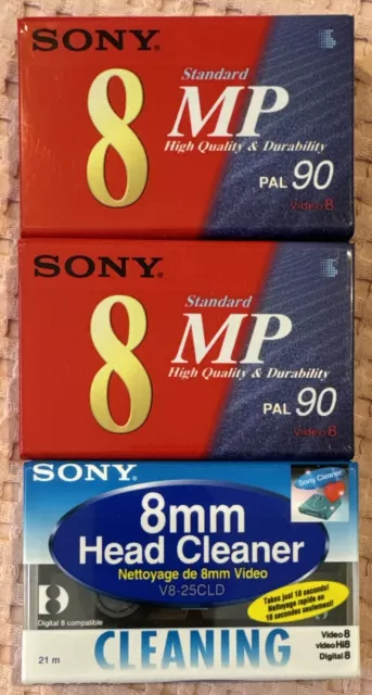 SONY Video 8MP 90min Tape x 2 & Head Cleaner Cassette New Old Stock Sealed.