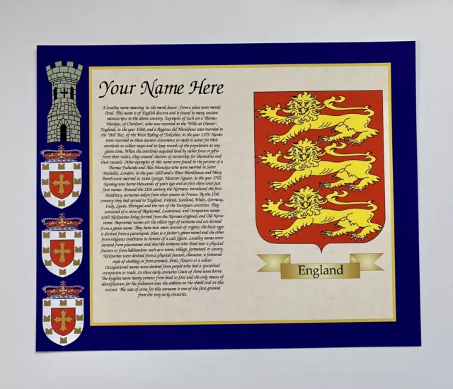Coat of Arms and Surname Origin - England 3 Lions Historic Family Crest