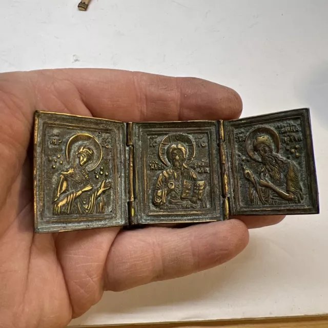 Antiques, Orthodox, Russian Bronze icon-triptych Pocket Size