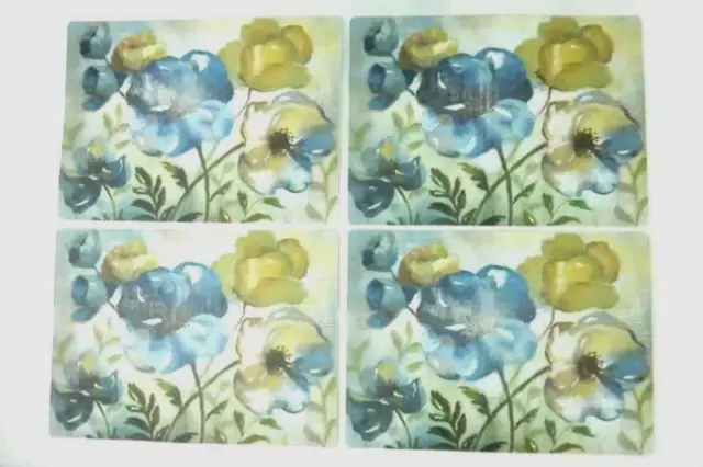 Lot of 4 Blue & Beige Floral Vinyl Kitchen Table Placemats Rectangular Canvas