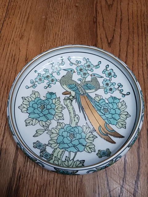 Vtg Gold Imari Dish Hand Painted Japanese Green & Blue Peacock Trinket Bowl Tray