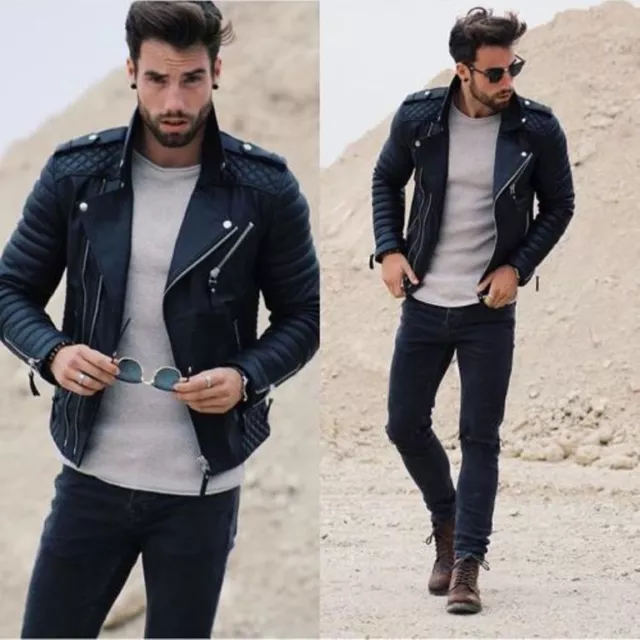 Men's Genuine Lambskin Quilted Leather Motorcycle Jacket Slim fit Biker Jacket