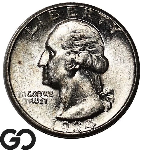 1934-D Washington Quarter, Heavy Motto, Solid Gem BU++ Better Date ** Free S/H!