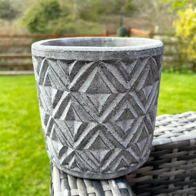 Geometric Stone Plant Pot Holder Embossed Diamond Grey Garden Cover Planter Gift