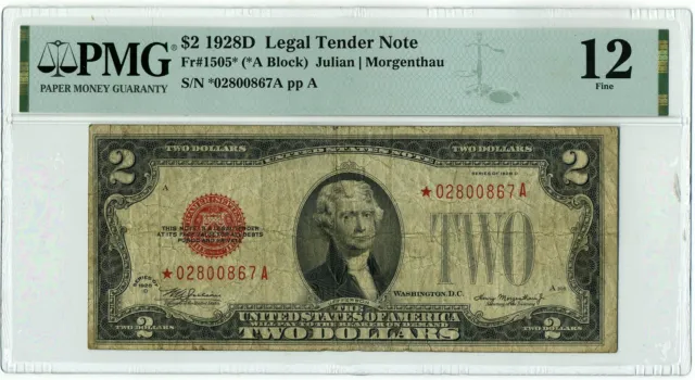 FR. 1505* 1928D $2 Legal Tender Red Seal Small Size Star Note PMG F 12