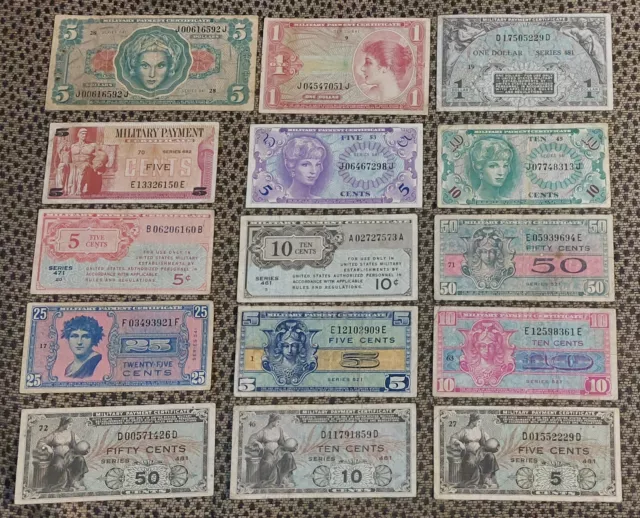 US Military Payment Certificate MPC Lot 15 DIFFERENT Note Types: $5 $1 50c 25c +