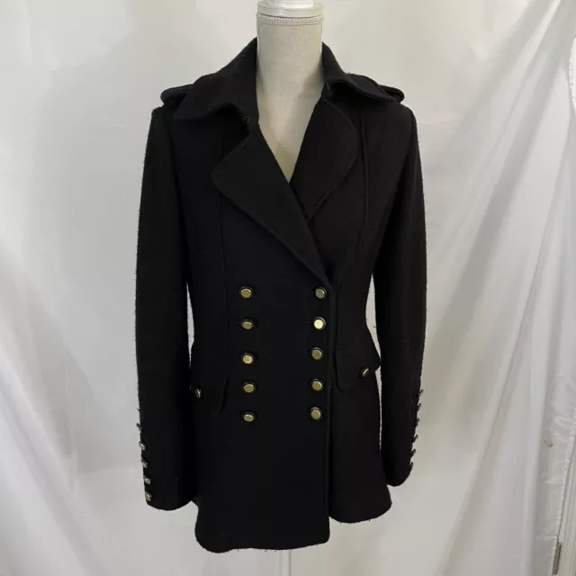 Cache Military Boiled Wool Coat Double Breasted Blazer Pockets Small Black