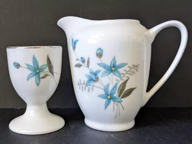 CUTE VINTAGE BREAKFAST SET : WHITE CHINA EGG CUP & CREAMER with Blue Flowers