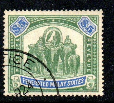 Malaysia-Federated Malay States 1908 SG50 - $5 green & blue.Cat. £160