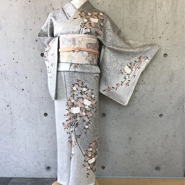 Japanese Pure Silk Semi-Formal Kimono Houmongi 163cm Floral Tataki dyeing Gray