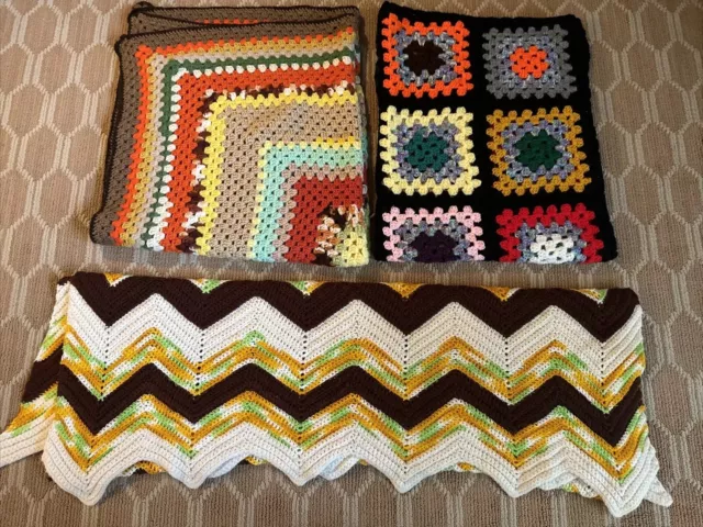 Handmade Granny Square Multicolor Crochet Knit Throw Blankets Roseanne MCM Lot 3