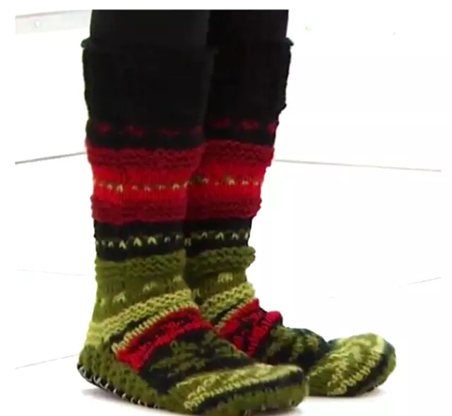 Tibetan Socks Hand Knit Wool Fleece Lined Long Slipper Socks Red-Green XS