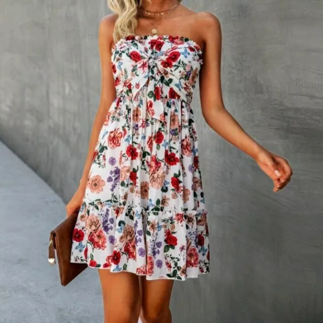 Abito corto a fascia bianco con fiori rossi fiocco sul seno donna S