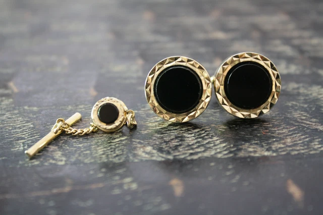 Vtg Gold Tone HICKOK USA Black Lucite Diamond Cut Edge Cufflink Tie Tack SET