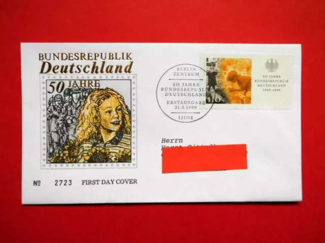 Brief Ersttagsbrief Ganzsache Bund 1999 50 Jahre BRD Mi. Nr. 2052  FDC Stempel