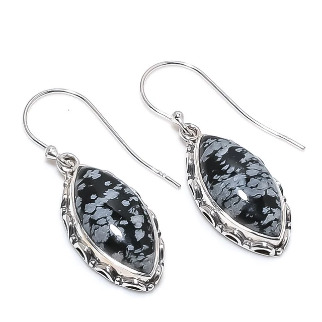 Snowflake Obsidian Gemstone 925 Solid Sterling Silver Jewelry Earring 1.50"