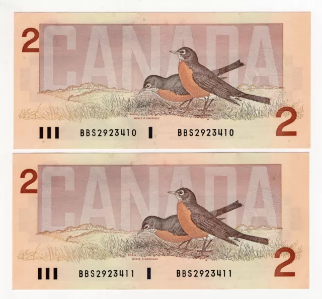 Lot Of 2 Consecutive 1986 Bank Of Canada Two 2 Dollar Bank Notes Nice Bills