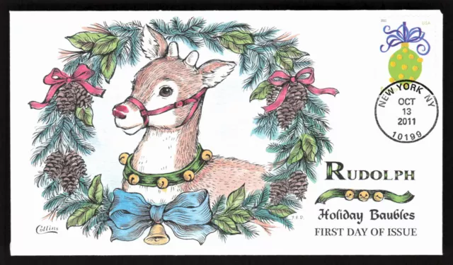 Christmas Holiday Baubles Fdc Rudolph Reindeer Collins Hand Colored Us Cover
