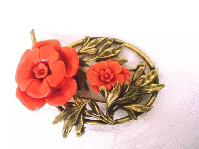 Vintage Antique Brass Leaves Pin Brooch With Coral Color Celluloid Flowers