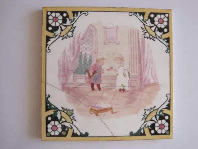 Antique Victorian Minton Hollins Regency Children Tile - Girl With Tray C1875 #1