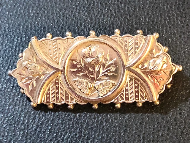 Antique Rose Sterling Silver Brooch Aesthetic Movement Ornate Engraved Pin