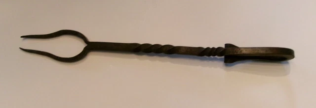 Vintage Large 14" long Cast Iron 2 prong Meat Fork Black Primitive Rustic