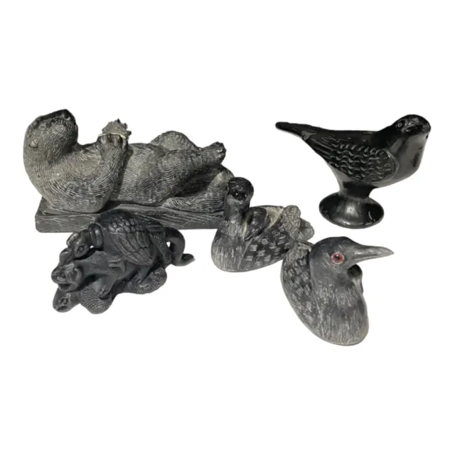 Lot Of Hand-Carved Soapstone Sculptures By Wolf - Birds, Beaver, Inca Trilogy