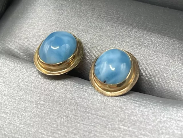 Vtg Rare Fine Quality Larimar Gems 14kt Solid Gold Earrings Dominican LARIMAR NR