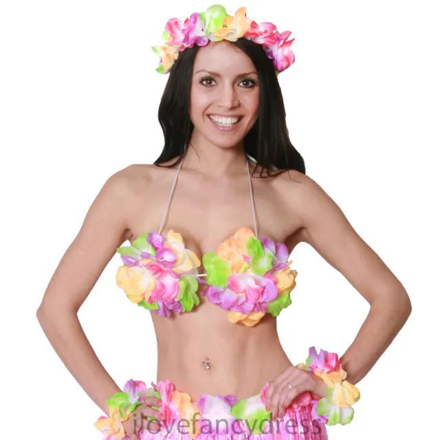 Deluxe Flower Bra Hula Girl Fancy Dress Costume Hawaiian Beach Pool Summer Party