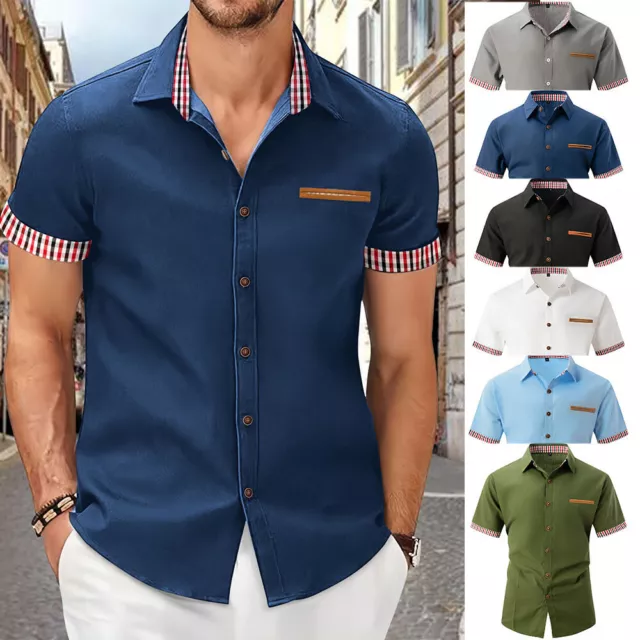 Mens Short Sleeve Shirt Men Casual Button Down Beach Blouse Hawaiian Plaid UK