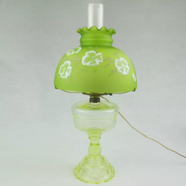 Uranium Glass Oil Lamp Green Floral Shade Chimney Converted Electric WORKS RARE