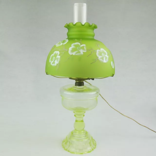Uranium Glass Oil Lamp Green Floral Shade Chimney Converted Electric WORKS RARE Uranium Glass Oil Lamp Green Floral Shade Chimney Converted Electric WORKS RARE