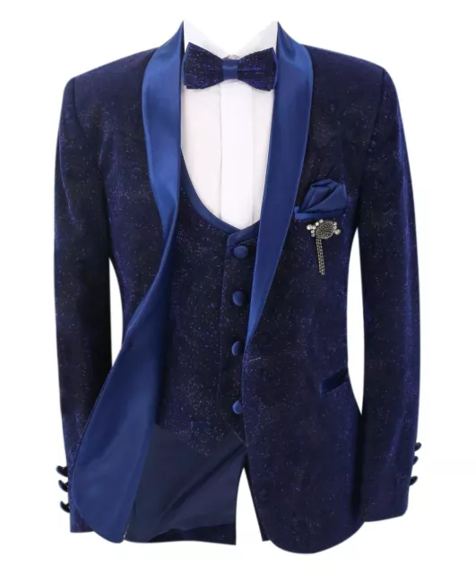 Boys Shimmer Tuxedo Suit Slim Fit Navy Page Boy Special Occasion 5 Piece Set