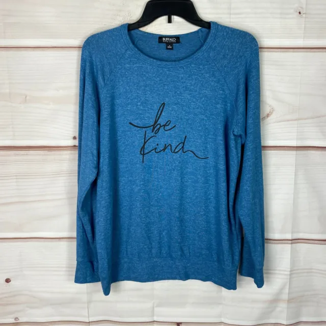 Buffalo David Bitton Top Womens S Blue Be Kind Graphic Long Sleeve Knit Pullover