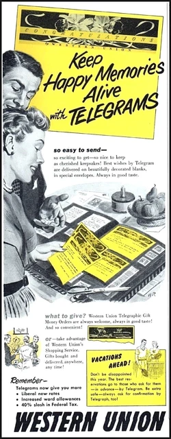 1952 Western Union telegrams man woman memories vintage art Print Ad adL35