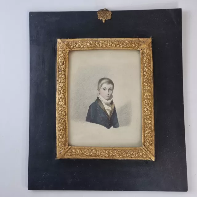 Antique 19th Century Watercolour Portrait Of A Boy In Ebonised & Gilt Frame