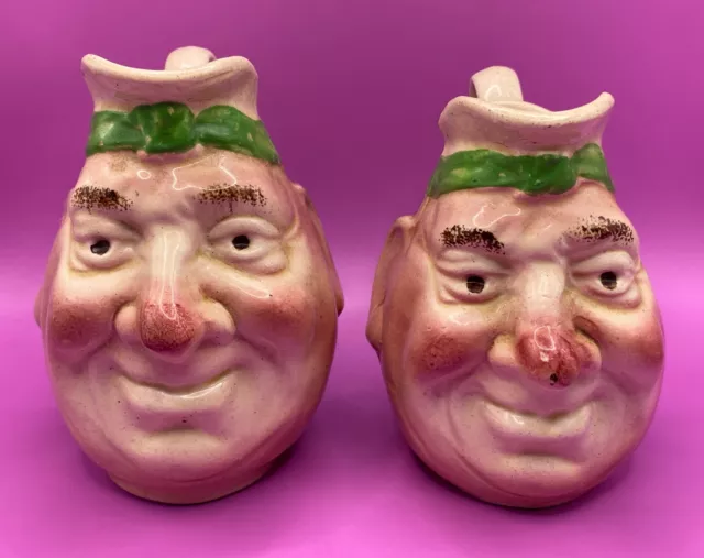 Pair Of Antique French Majolica Face Toby Character Jugs